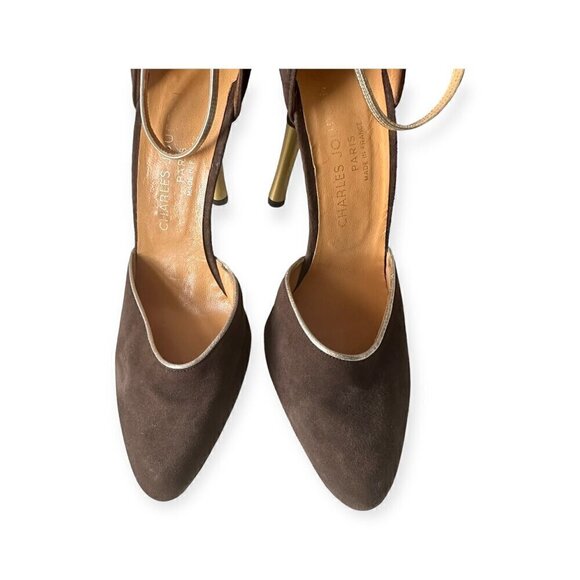 Charles Jourdan Brown Suede Ankle Strap Pumps With Gold Metal Heel, Size 8 1/2 - Picture 13 of 15